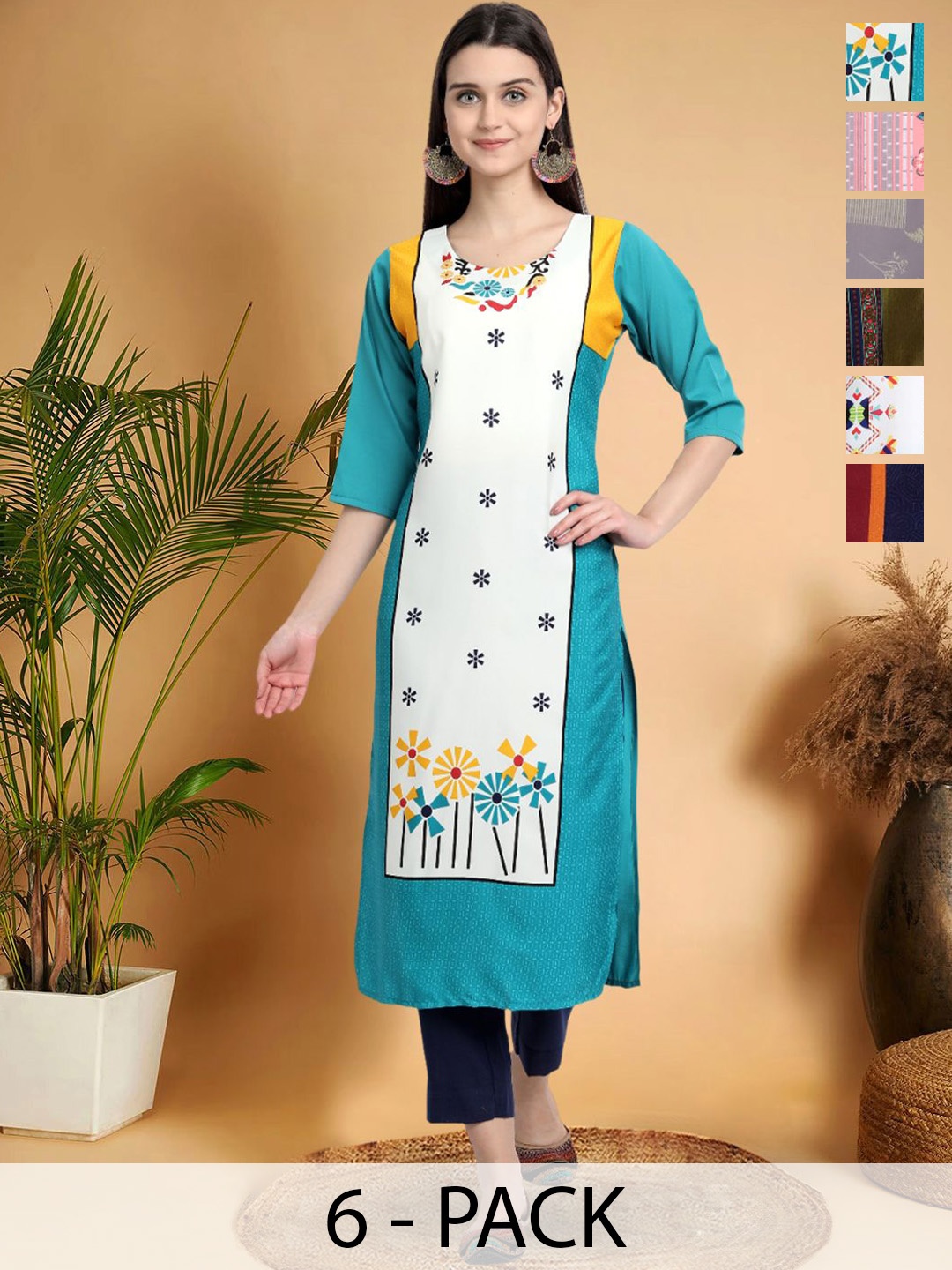 

7Threads Selection Of 6 Floral Printed Round Neck Straight Kurtas, Blue