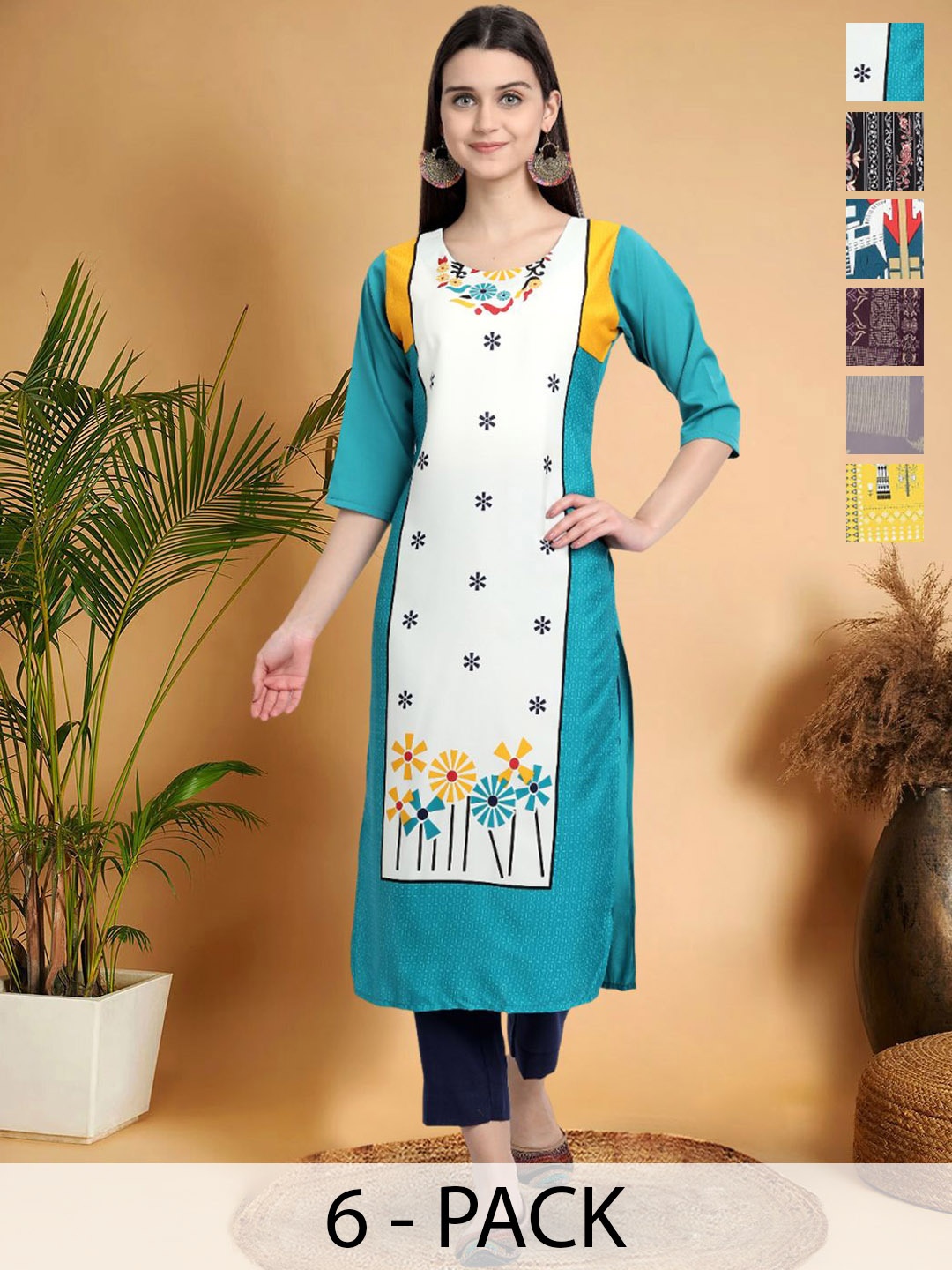 

7Threads Selection Of 6 Floral Printed Round Neck Straight Kurtas, Blue