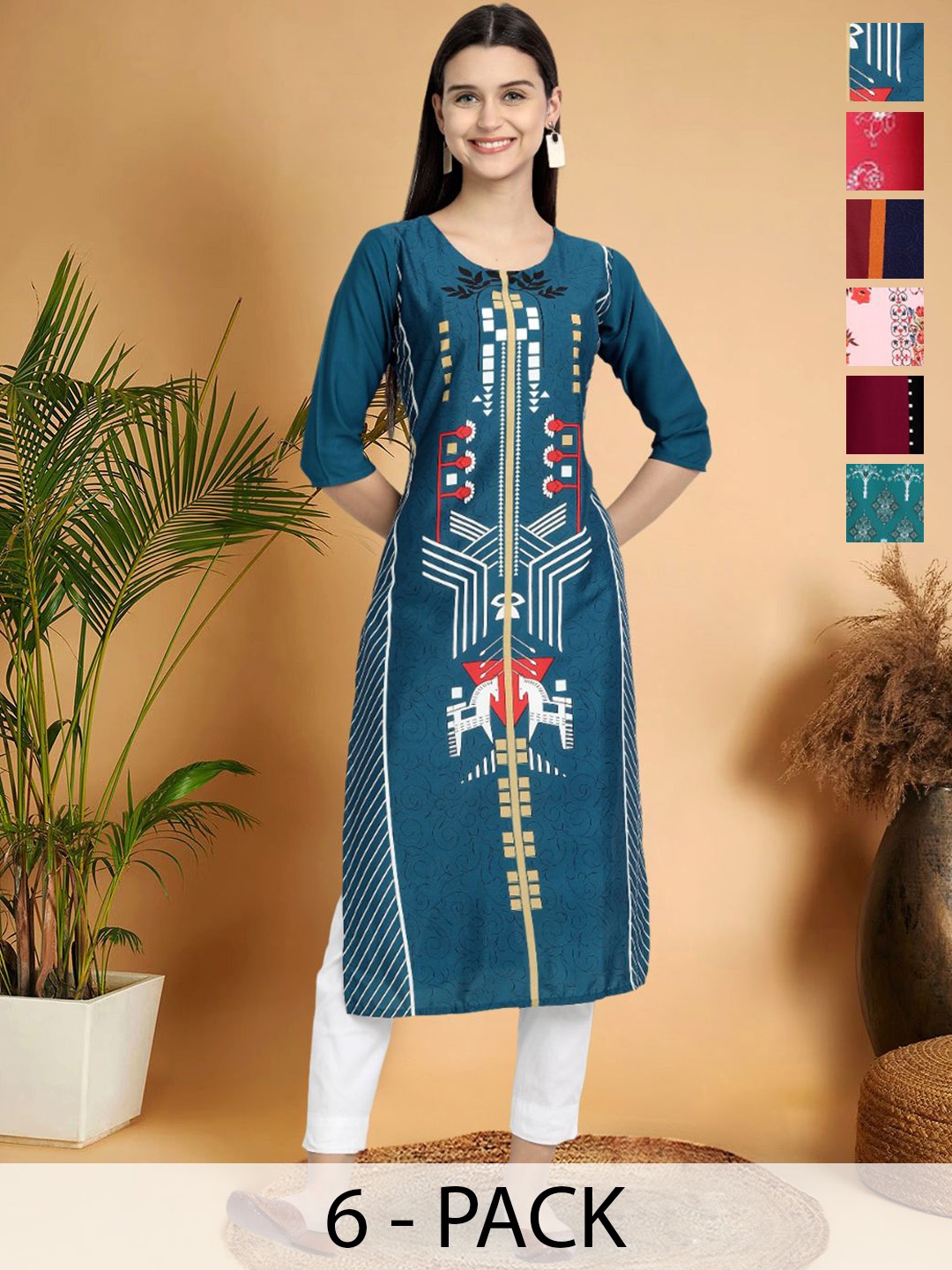 

7Threads Selection Of 6 Geometric Printed Round Neck Kurtas, Teal