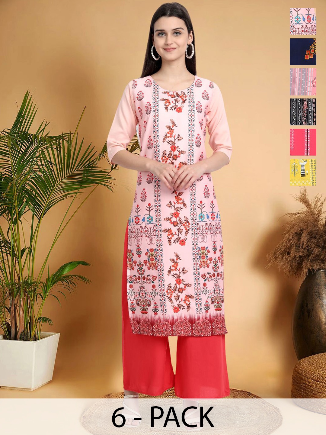 

7Threads Selection Of 6 Floral Printed Round Neck Kurtas, Peach