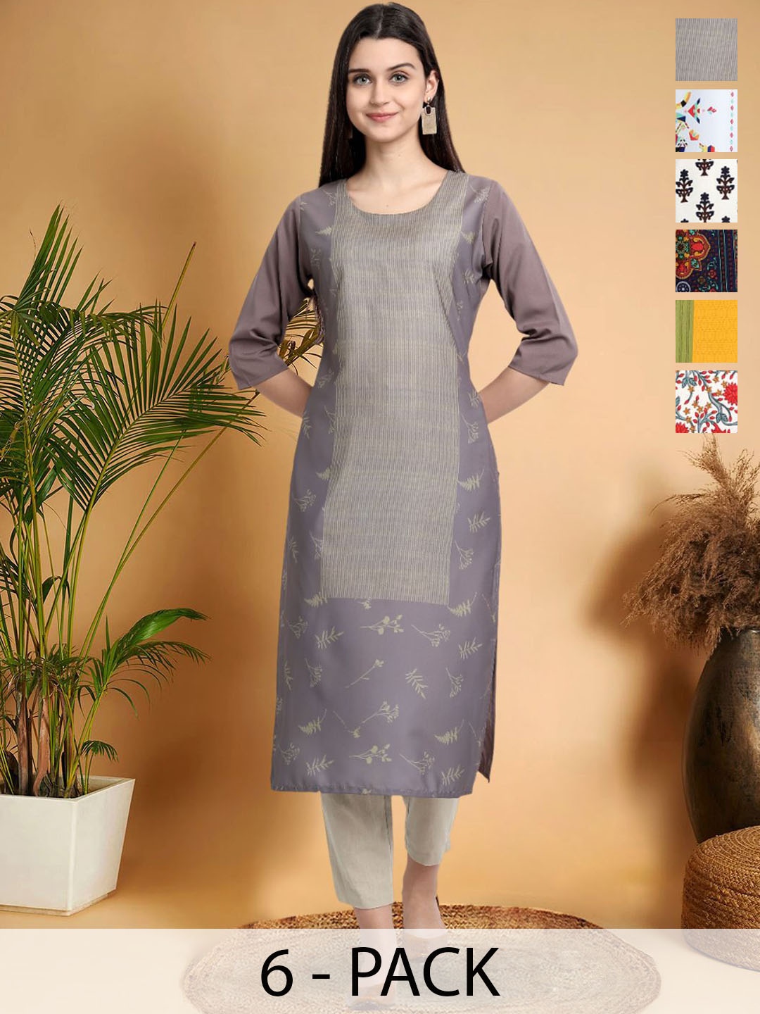 

7Threads Selection Of 6 Floral Printed Round Neck Kurtas, Grey