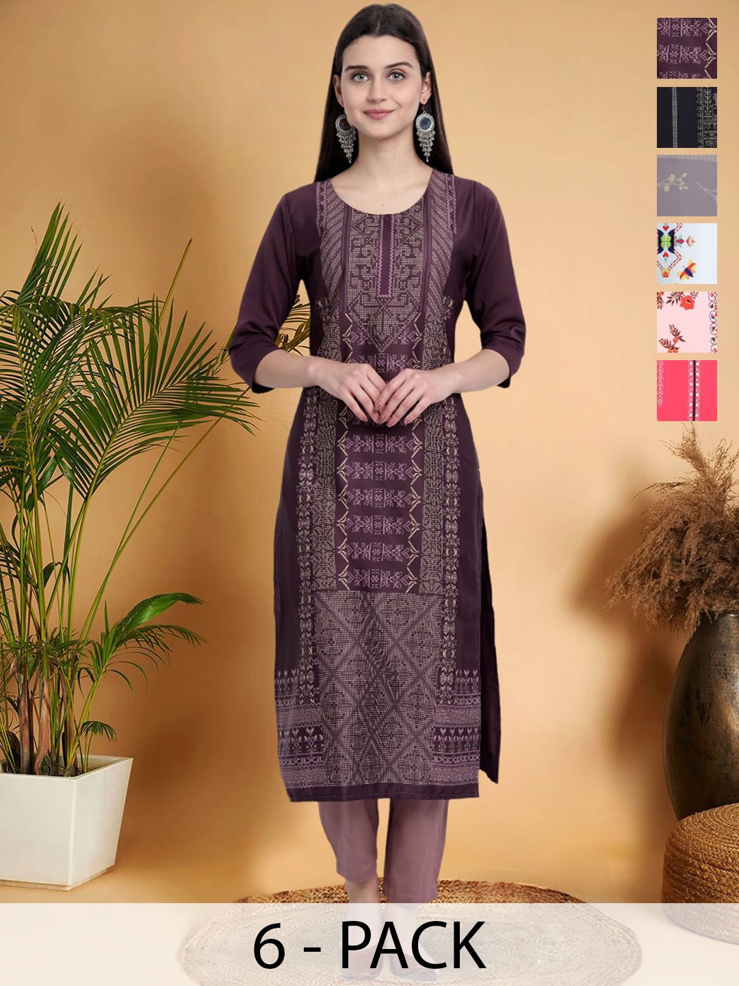 

7Threads Selection Of 6 Floral Printed Round Neck Kurtas, Purple