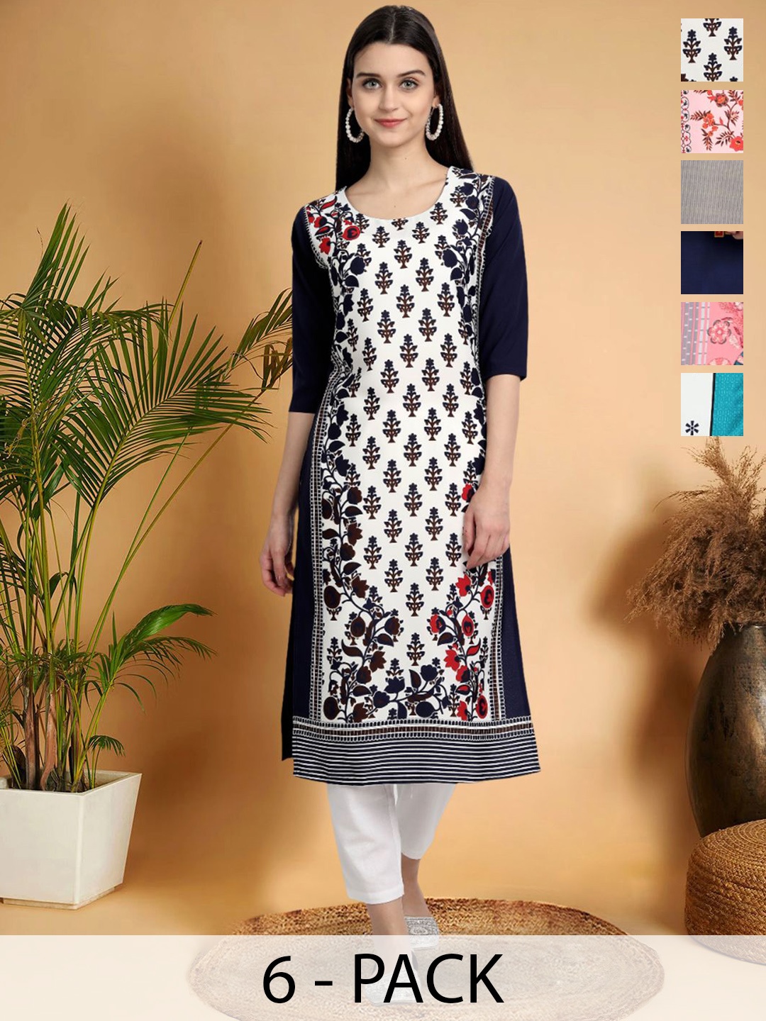 

7ThreadsSelection Of 6 Floral Printed Round Neck Kurtas, Black