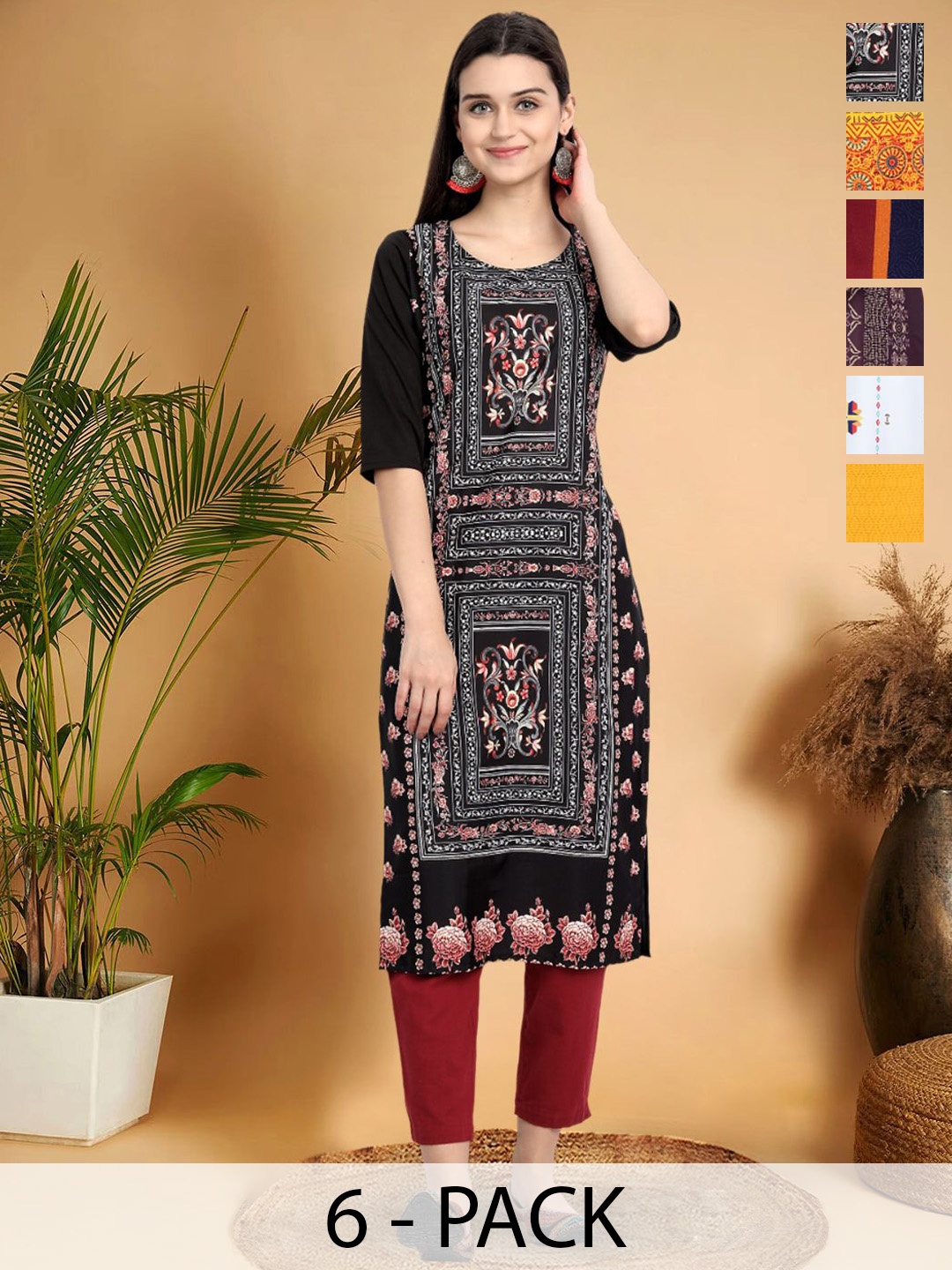 

7Threads Selection Of 6 Floral Printed Round Neck Kurtas, Black
