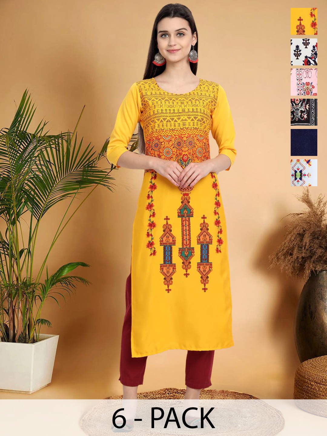 

7Threads Selection Of 6 Ethnic motifs Printed Round Neck Kurtas, Yellow