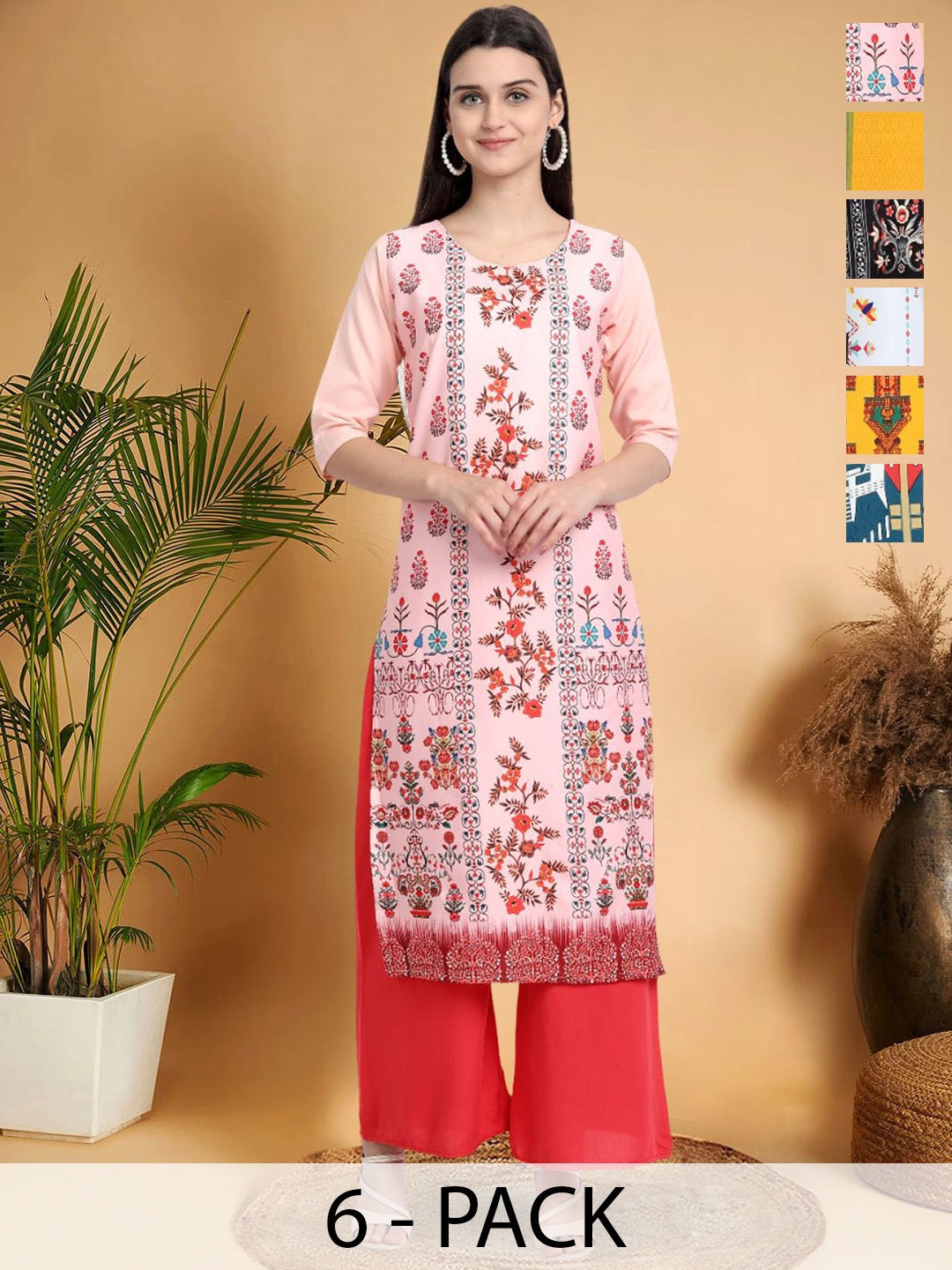 

7Threads Selection Of 6 Floral Printed Round Neck Kurtas, Peach