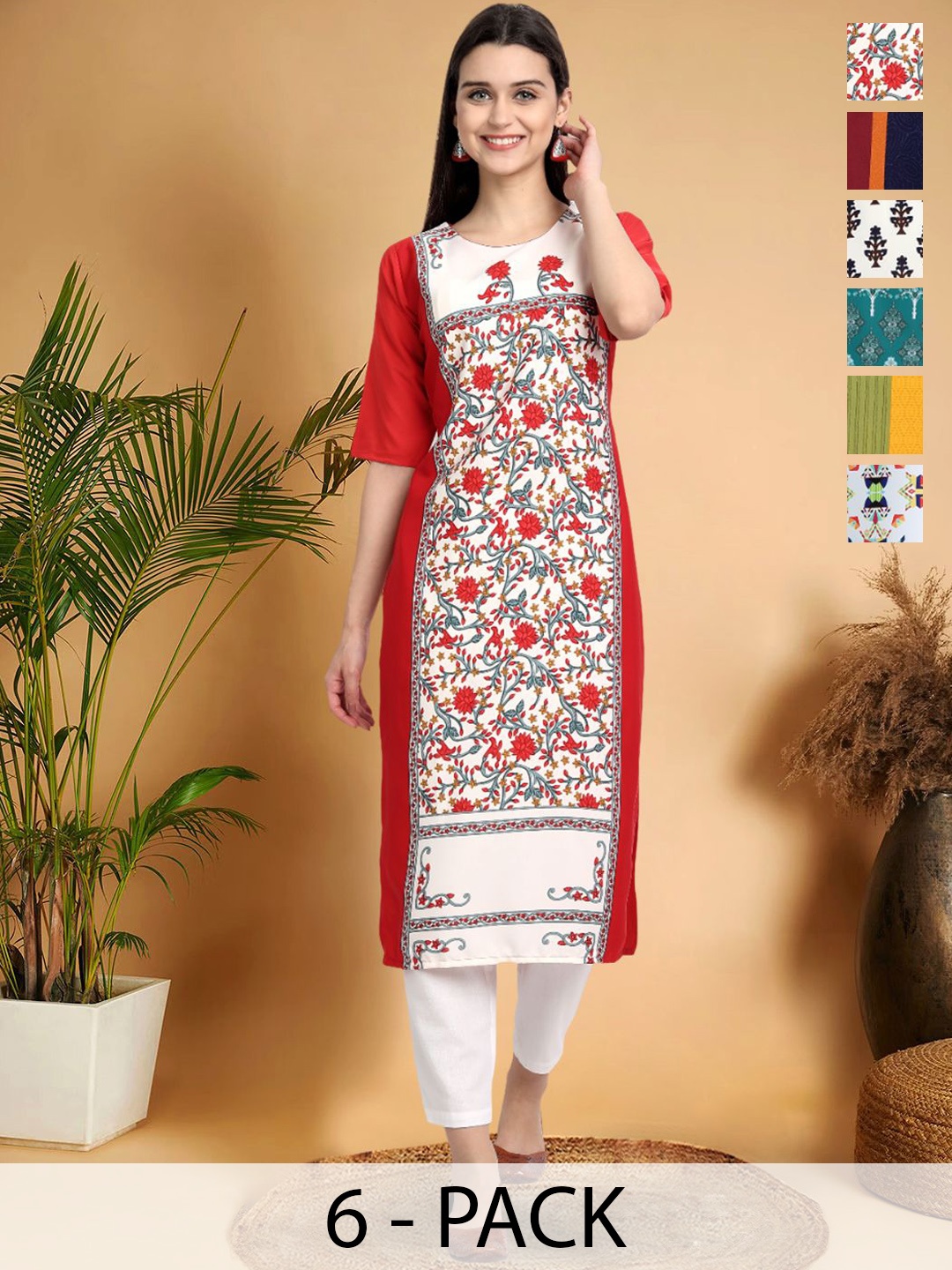 7Threads Selection Of 6 Floral Printed Round Neck Kurtas, Red