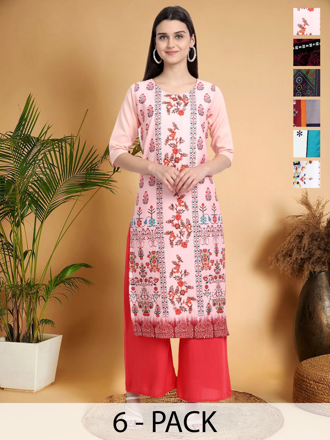 

7Threads Selection Of 6 Floral Printed Round Neck Kurtas, Peach