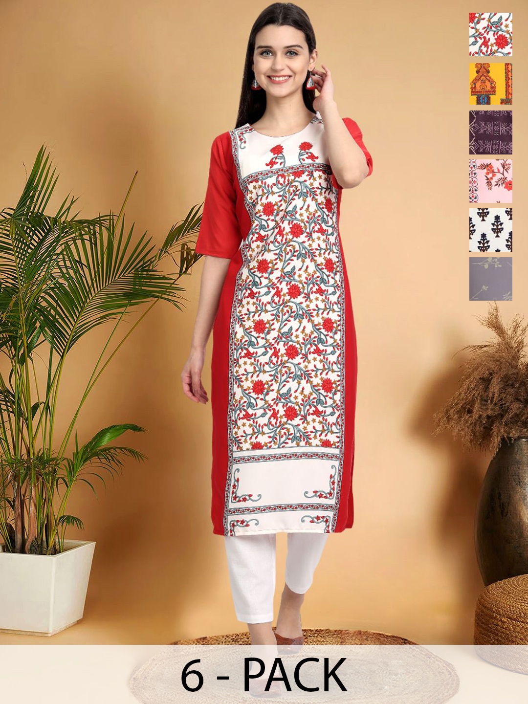

7Threads Selection Of 6 Floral Printed Round Neck Kurtas, Red