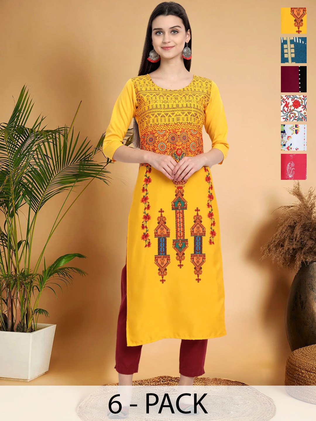 7Threads Selection Of 6 Ethnic Motifs Printed Round Neck Kurtas, Yellow