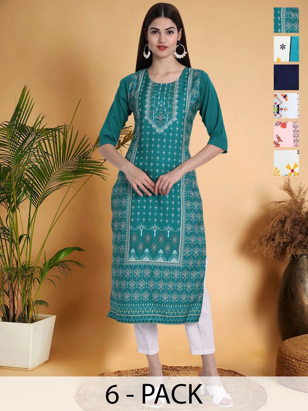 

7Threads Selection Of 6 Ethnic Motifs Printed Round Neck Kurtas, Teal