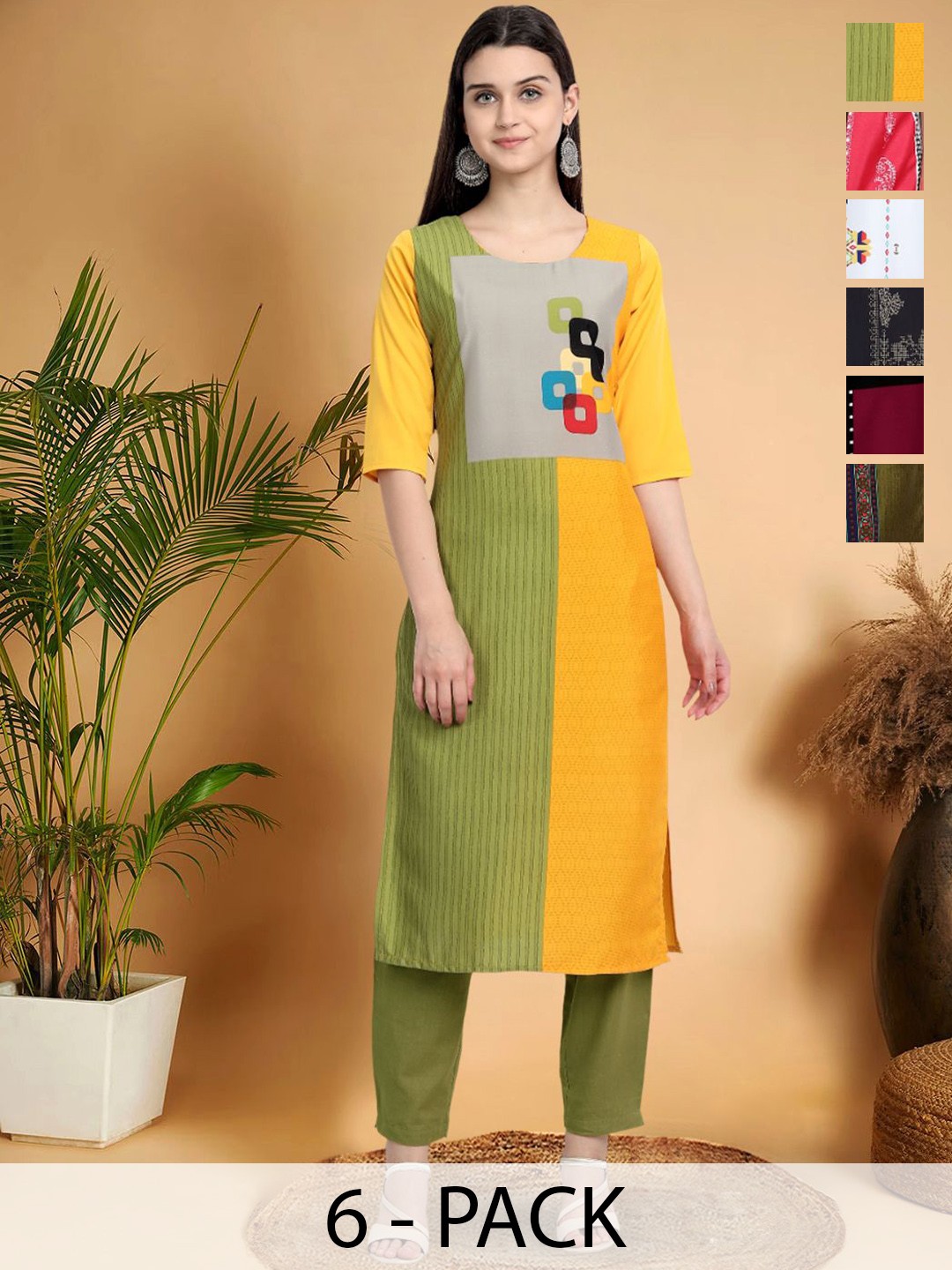 

7Threads Selection Of 6 Colourblocked Printed Round Neck Kurtas, Green