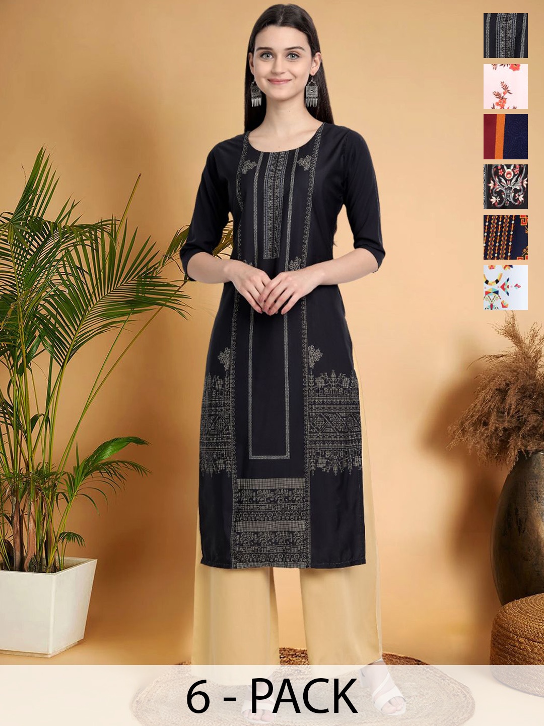 

7Threads Selection Of 6 Ethnic Motifs Printed Round Neck Kurtas, Black