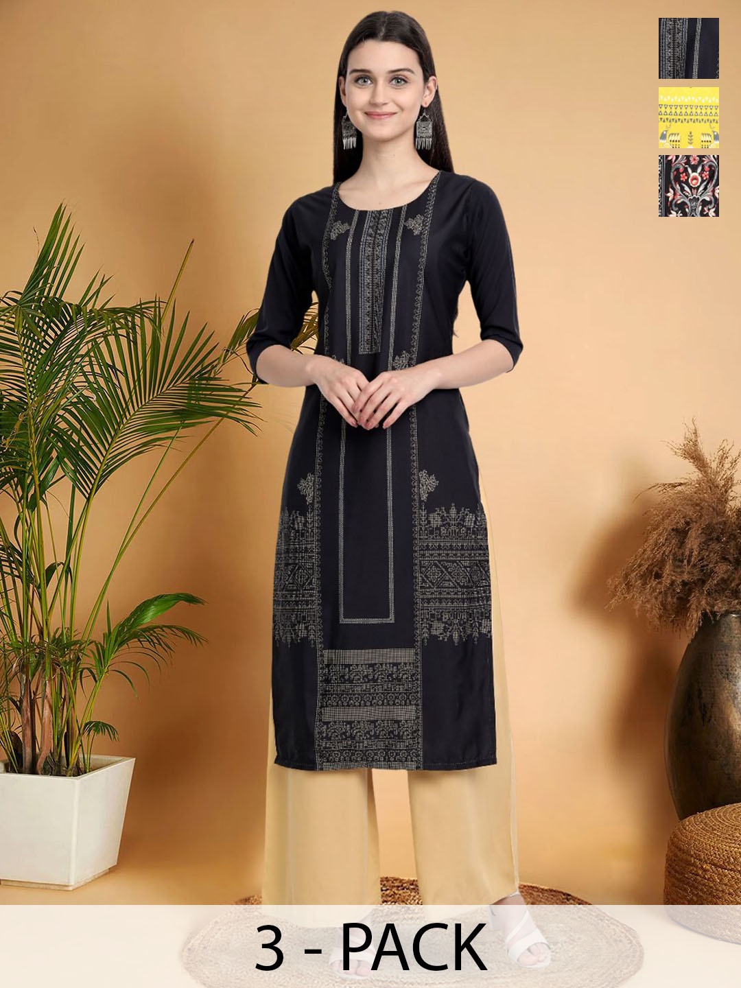 

7Threads Selection Of 3 Floral Printed Round Neck Kurta, Black