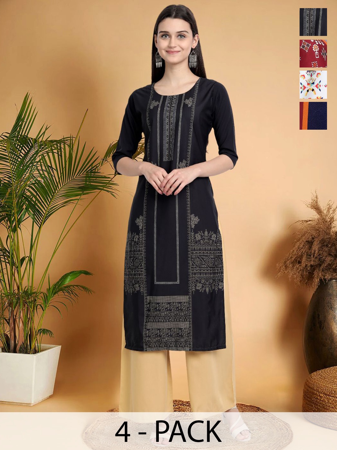

7Threads Selection Of 3 Ethnic Motifs Printed Straight Kurtas, Black