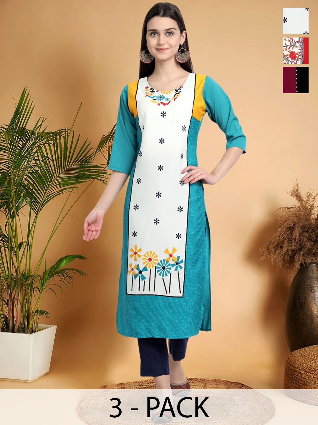 7Threads Selection Of 3 Floral Printed Straight Kurtas, Blue
