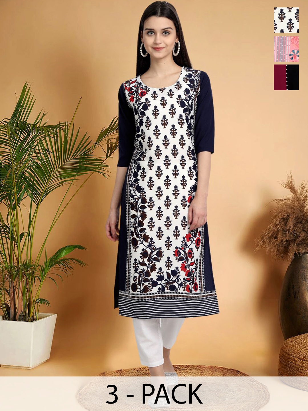 

7Threads Selection Of 3 Floral Printed Straight Kurtas, White