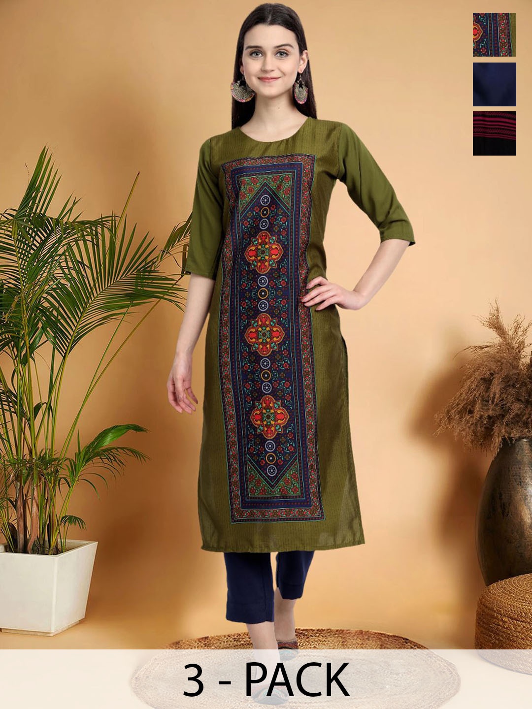 

7Threads Selection Of 3 Ethnic Motifs Printed Straight Kurtas, Olive