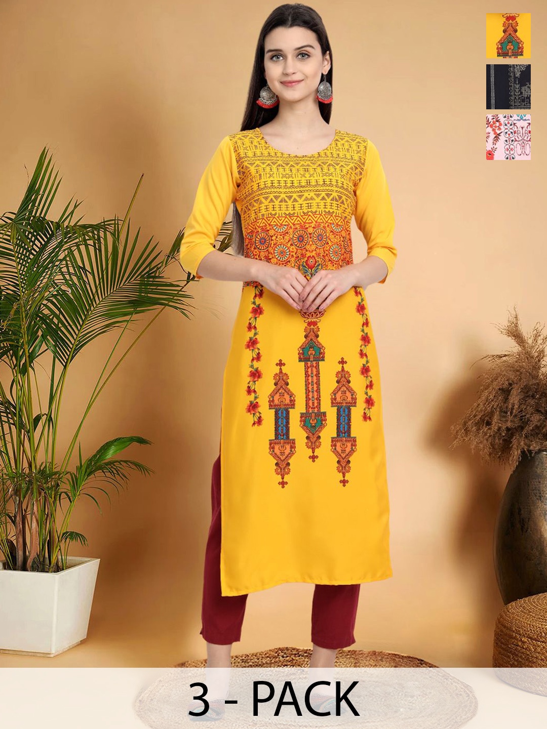 

7Threads Selection Of 3 Ethnic Motifs Printed Straight Kurtas, Yellow