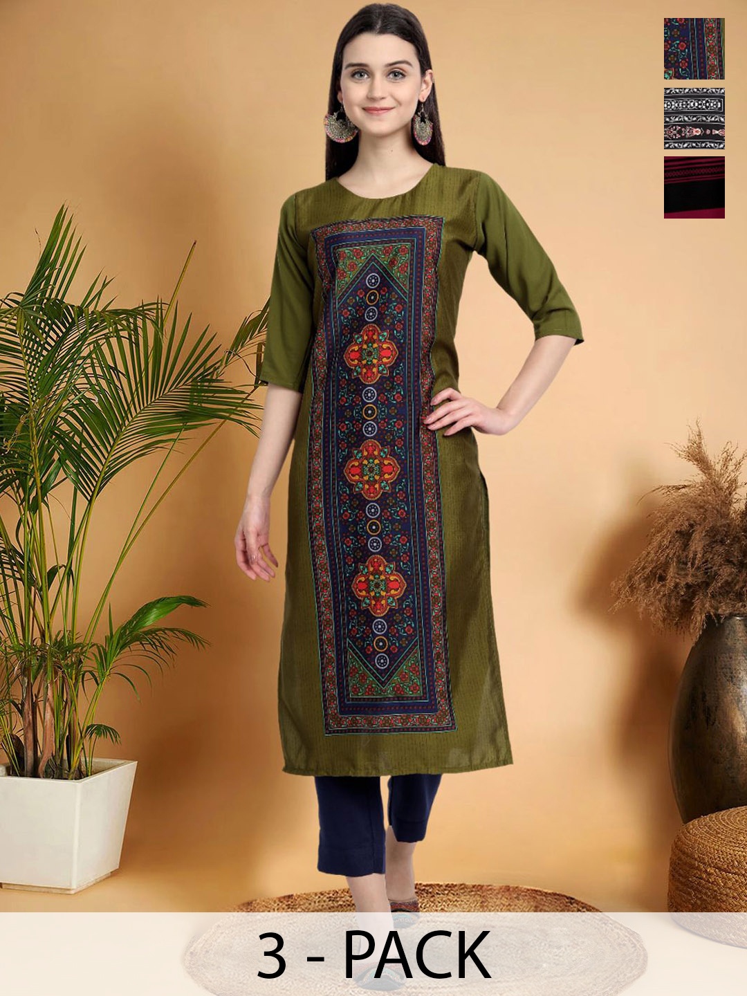 

7Threads Selection Of 3 Ethnic Motifs Printed Straight Kurtas, Olive