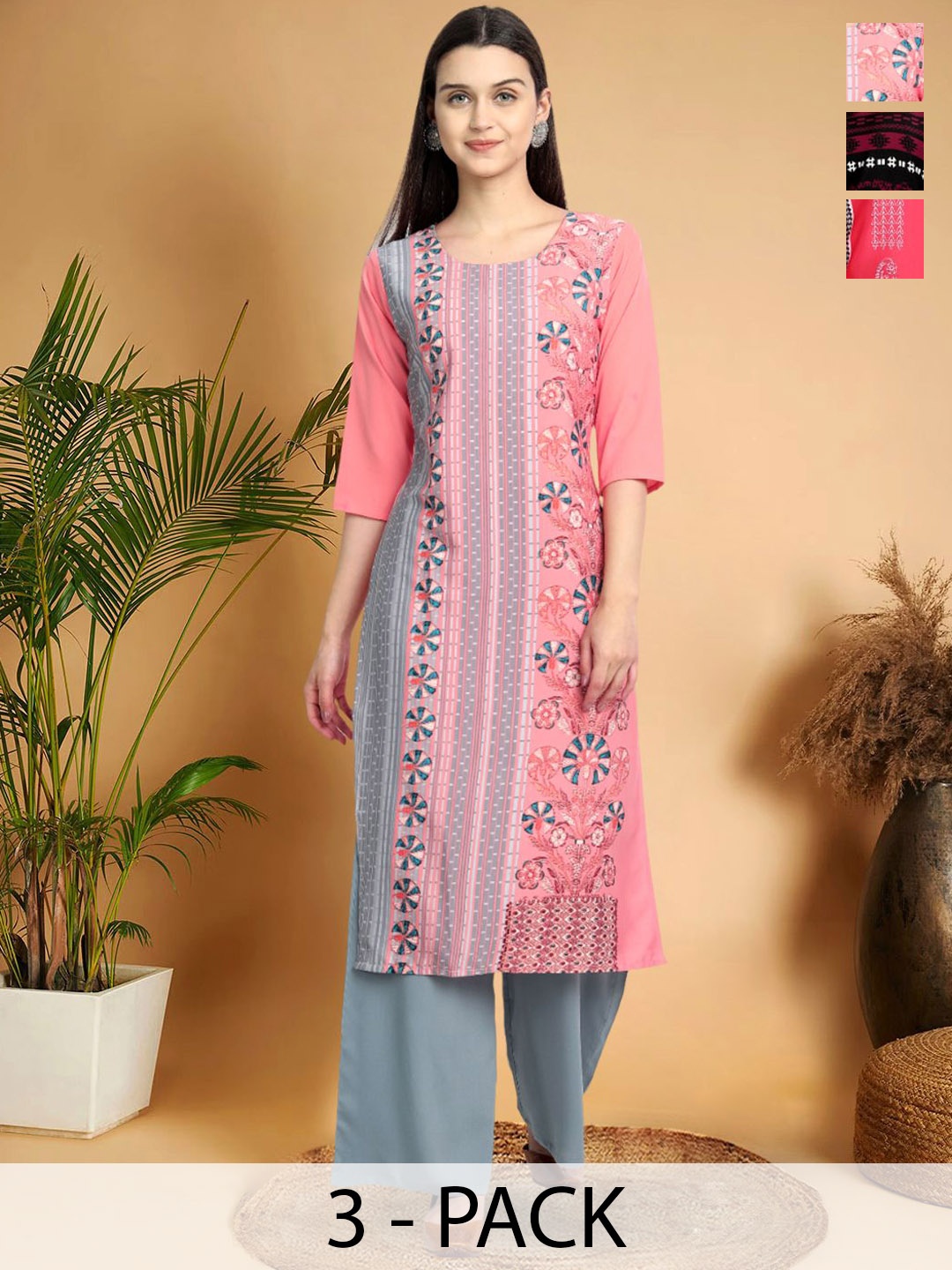 

7Threads Selection Of 3 Ethnic Motifs Printed Straight Kurtas, Grey