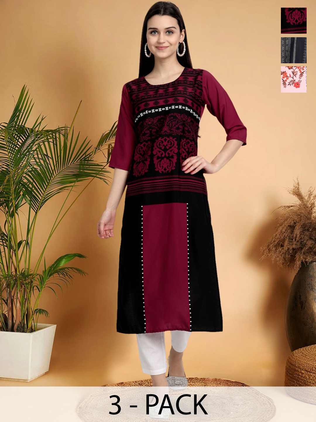 

7Threads Selection Of 3 Ethnic Motifs Printed Straight Kurtas, Maroon