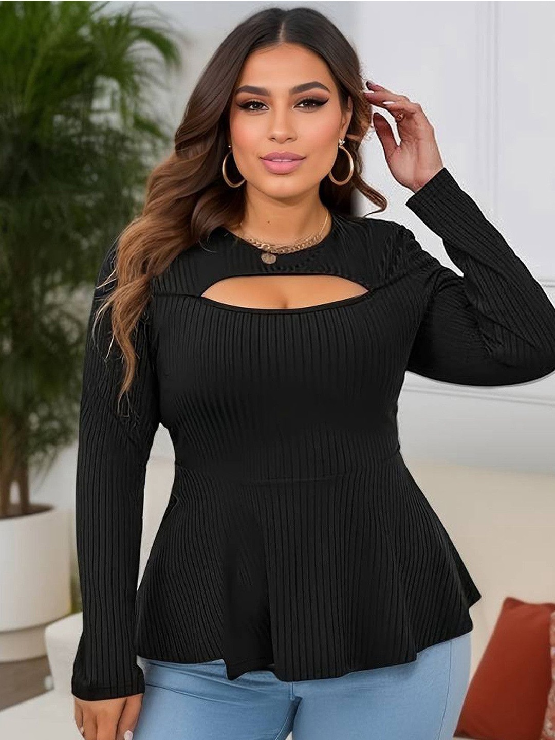 

DressBerry Curve Women Ribbed Peplum Top, Black