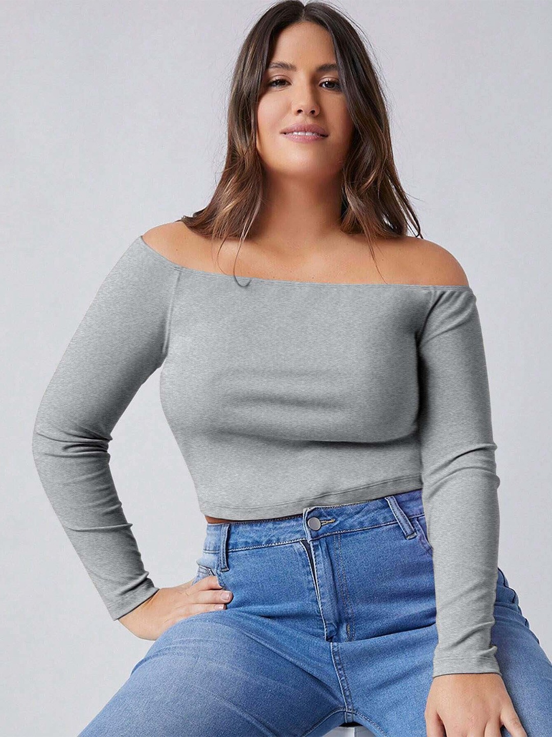 

DressBerry Curve Women Plus Size Off-Shoulder Crop Cotton Top, Grey