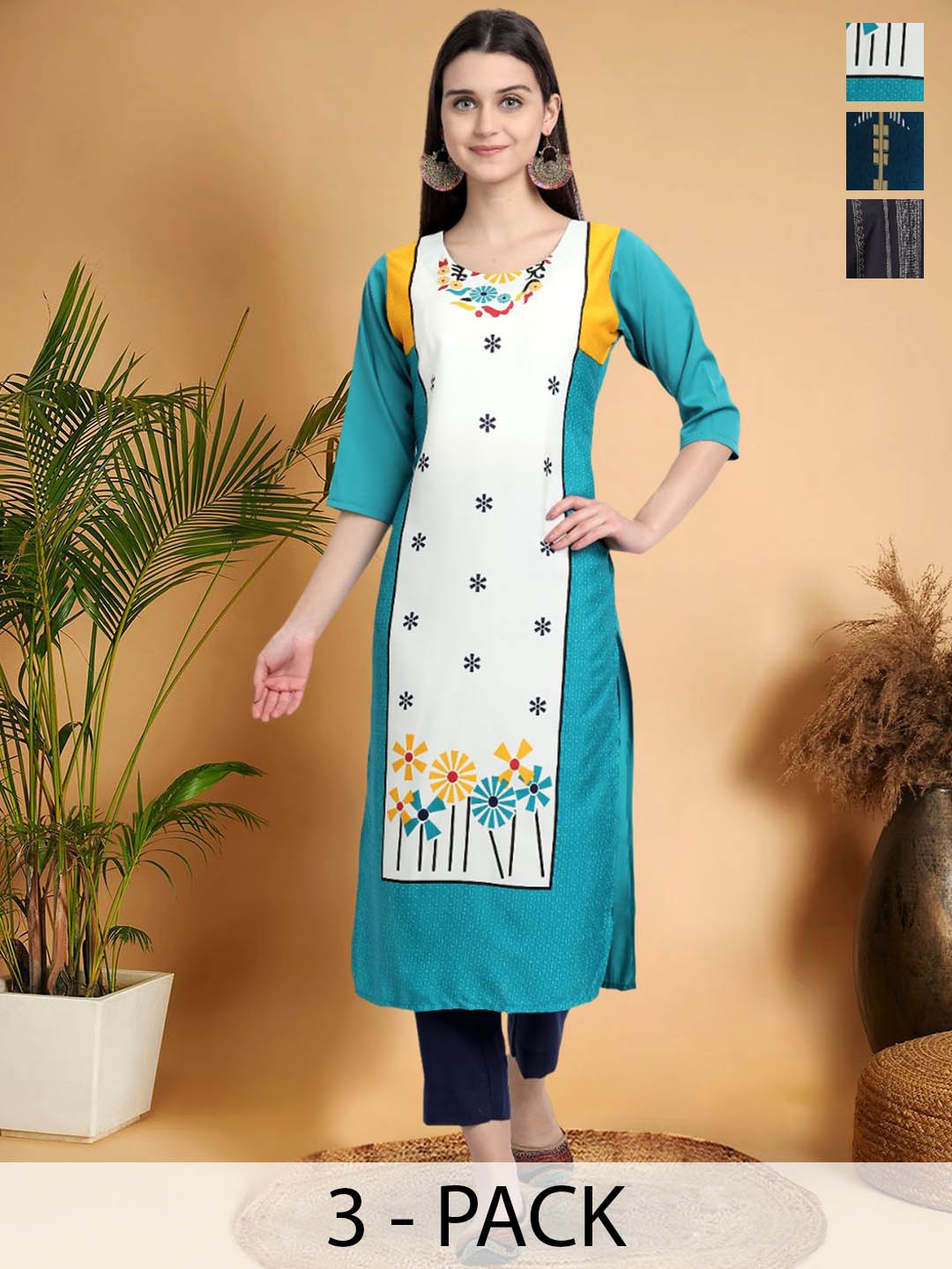 

7Threads Selection Of 3 Floral Printed Straight Kurtas, White
