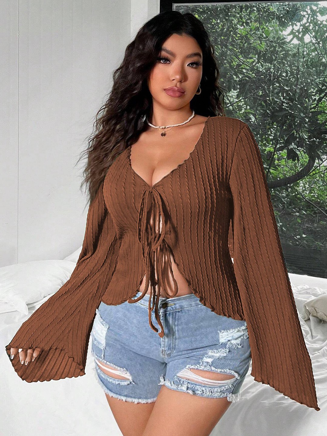 

DressBerry Curve Women One Shoulder Bell Sleeve Cotton Top, Brown