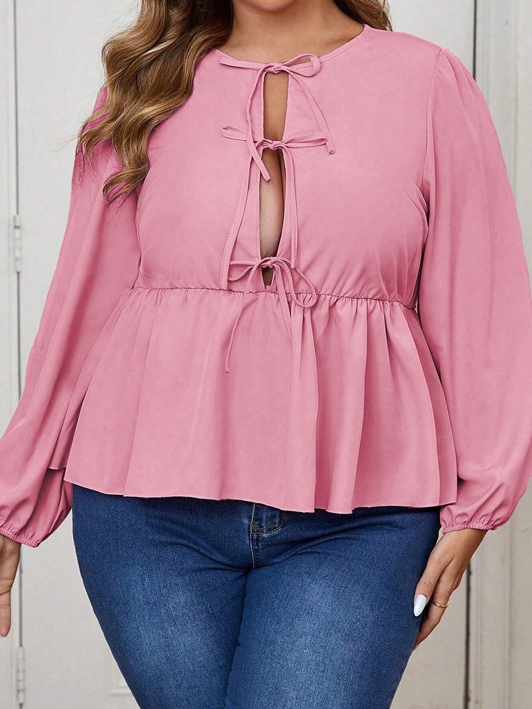 

DressBerry Curve Plus Size Tie-Up Neck Peplum Top, Pink