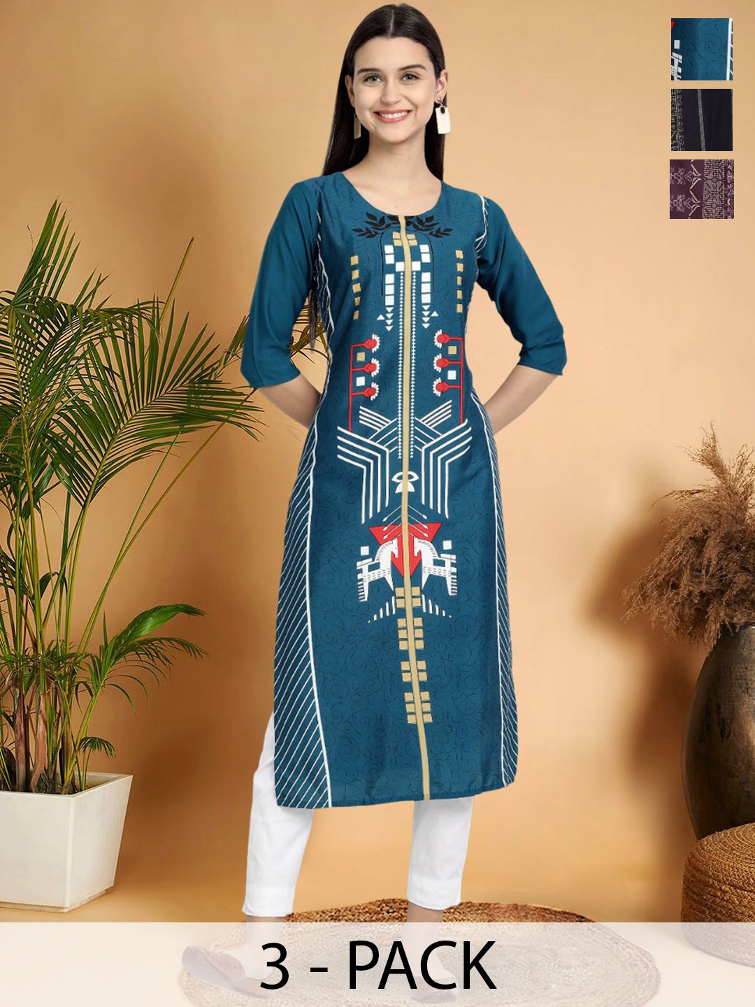 

7Threads Selection Of 3 Geometric Printed Straight Kurtas, Blue