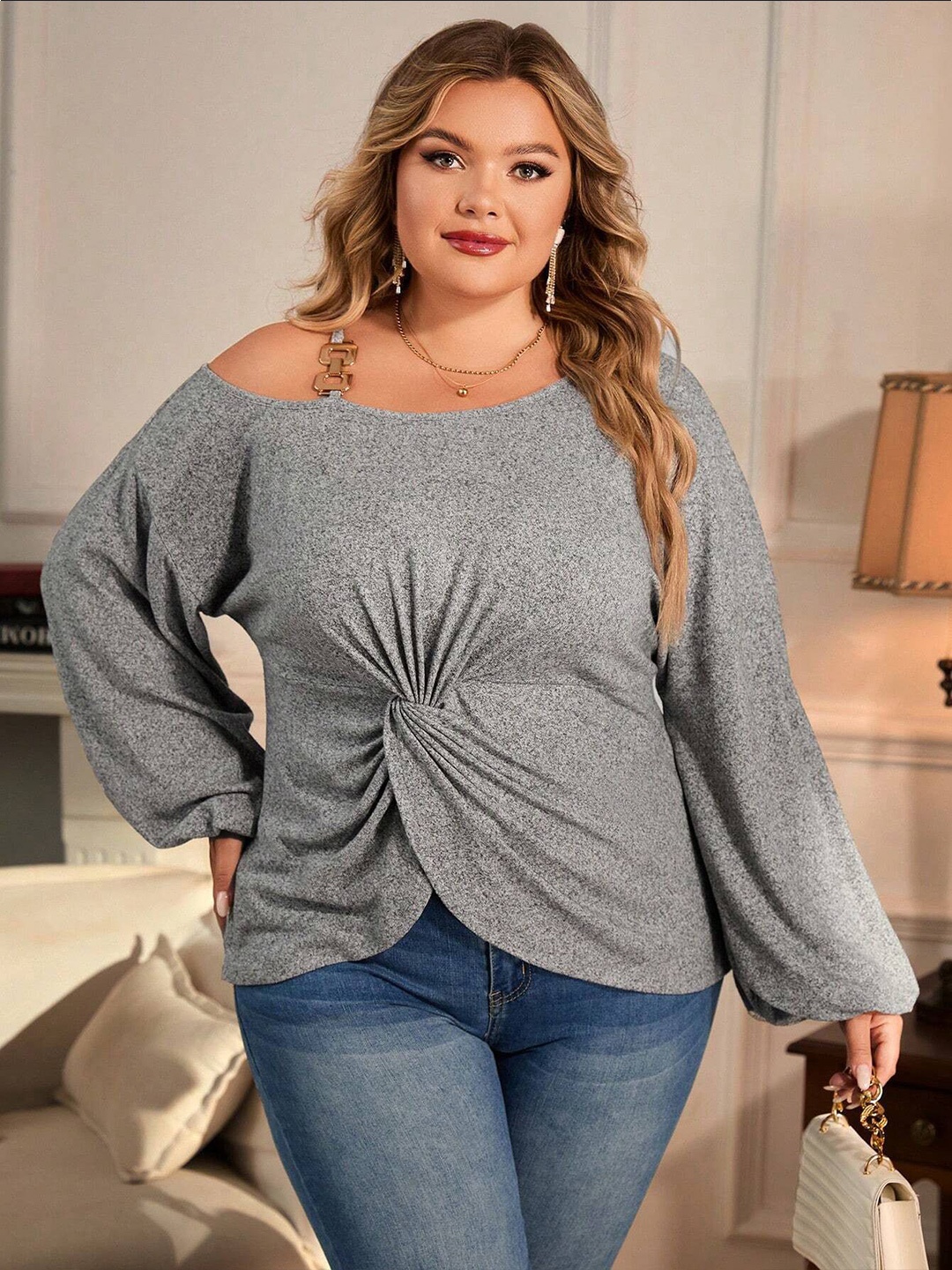 

DressBerry Curve Women Cold-Shoulder Sleeves Plus Size Top, Grey