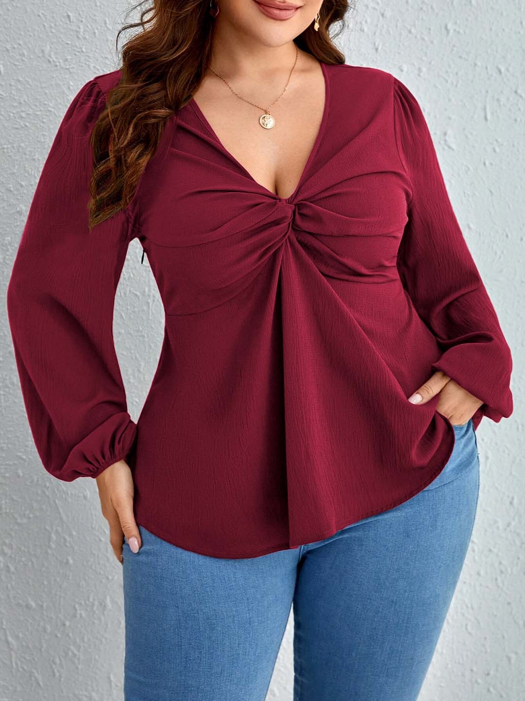 

DressBerry Curve Women Plus Size Solid V-Neck A-Line Top, Burgundy