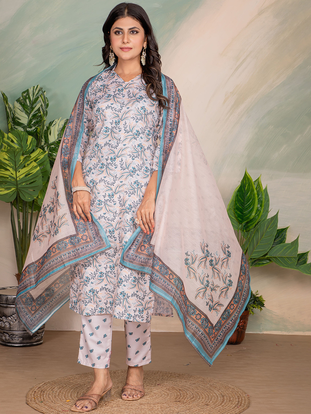 

Shriji fashion Floral Printed V Neck Pure Cotton Straight Kurta With Trouser & Dupatta, White