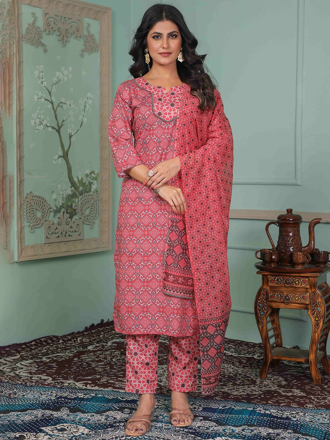 

Shriji fashion Ethnic Motifs Printed Notch Neck Pure Cotton Kurta With Trouser and Dupatta, Red