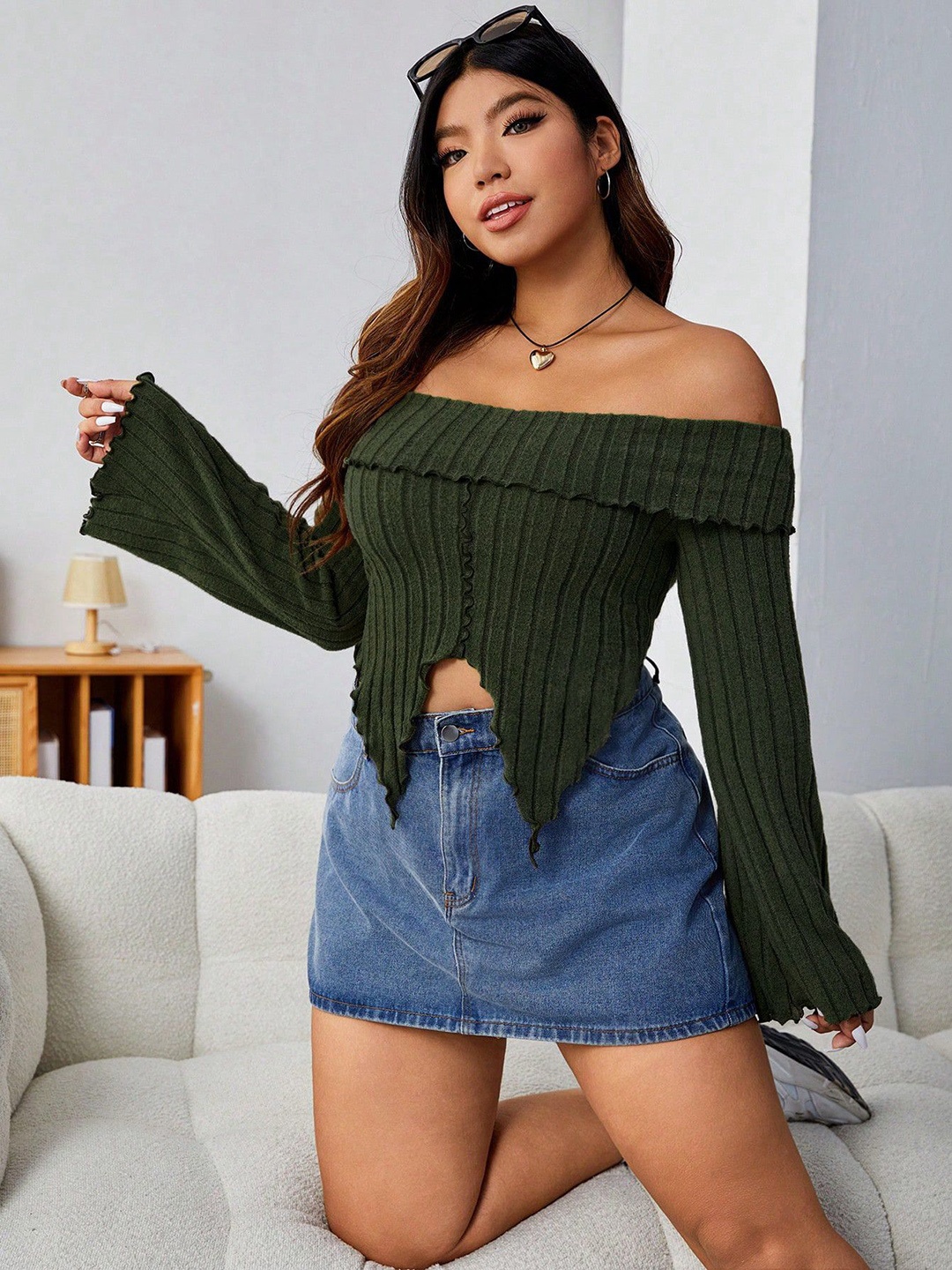 

DressBerry Curve Women Ribbed Off-Shoulder Bardot Top, Olive