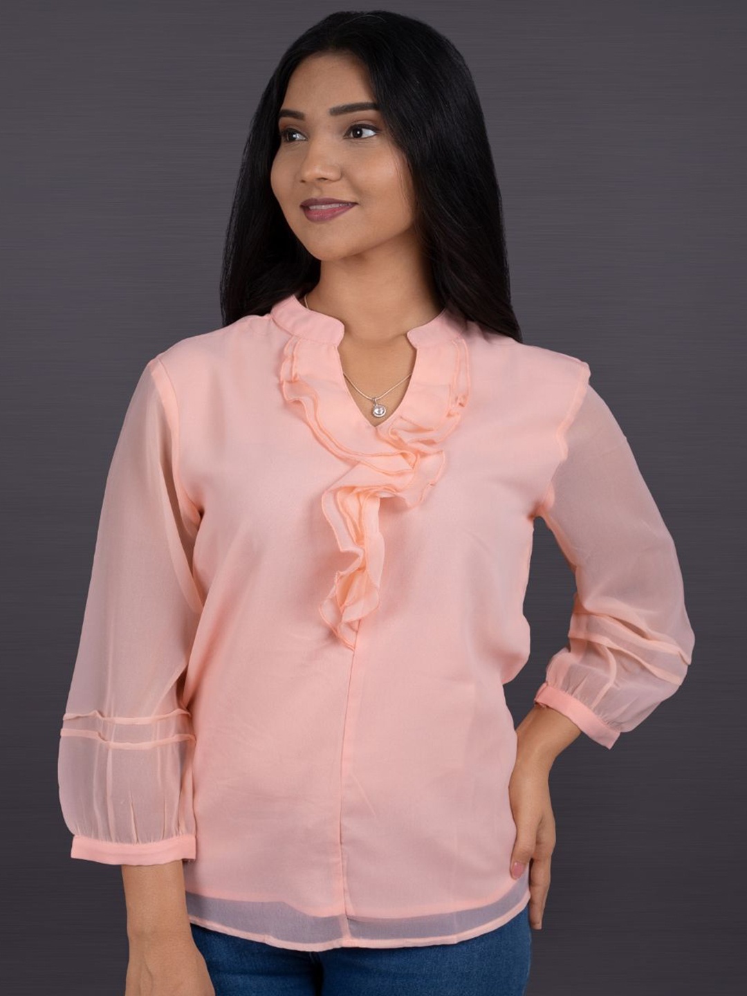 

La Aimee Women Mandarin Collar Puff Sleeves Top With Ruffles Details, Peach