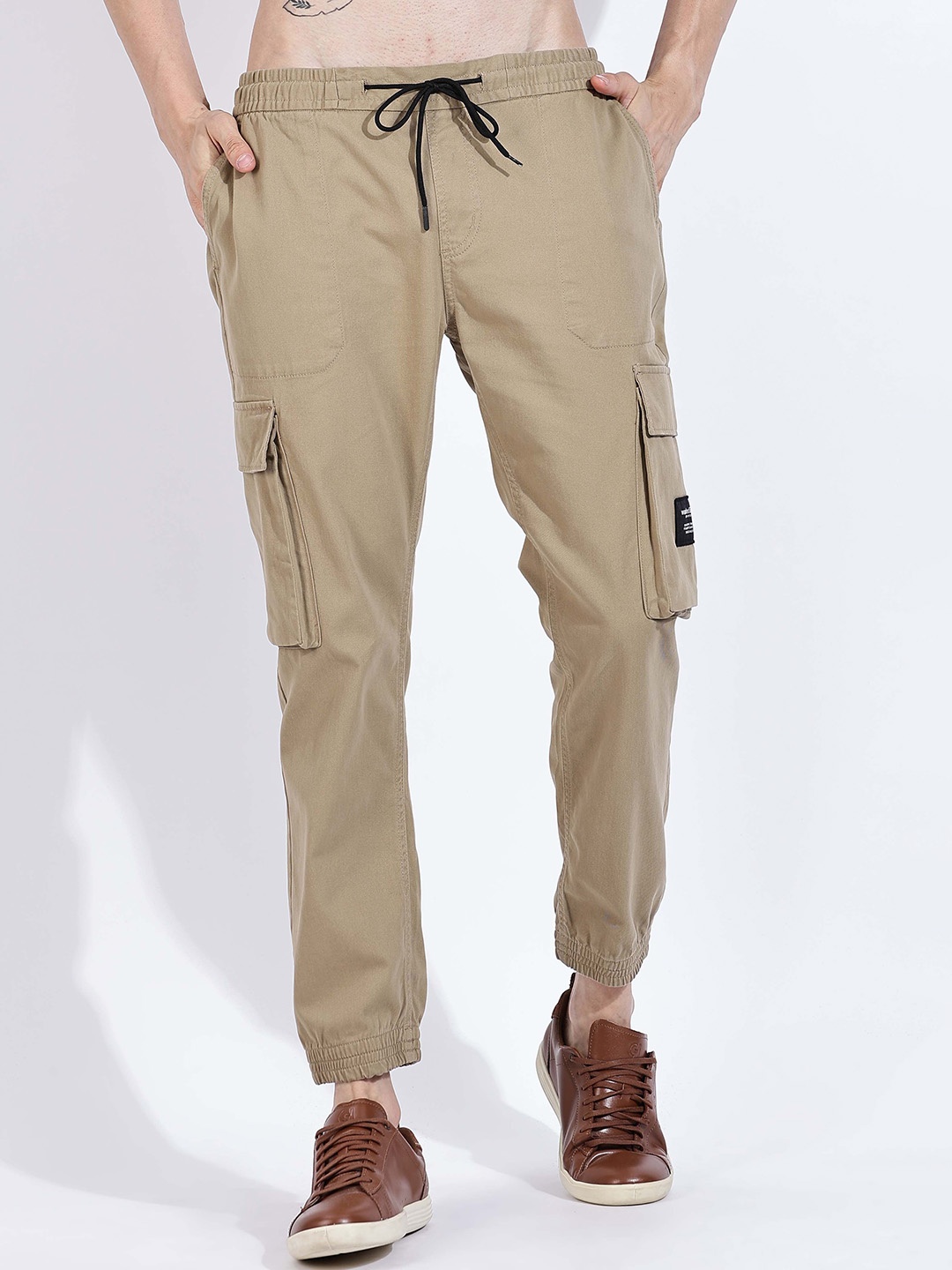 

HERE&NOW Men Slim Fit Mid-Rise Cargo Joggers, Khaki