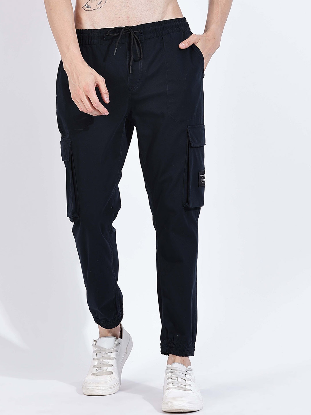 

HERE&NOW Men Slim Fit Mid-Rise Cargo Joggers, Navy blue
