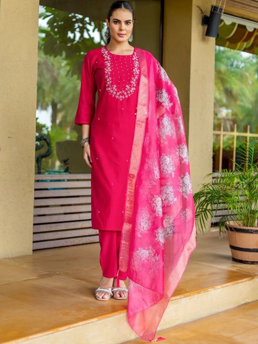 

Anouk Pink Floral Embroidered Zardozi Straight Kurta With Trousers And Dupatta