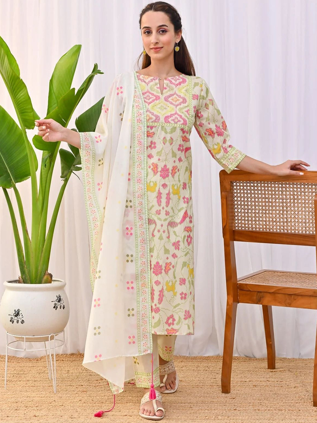 

Shriji fashion Floral Printed Key Hole Neck Pure Cotton Kurta With Trouser & Dupatta, Cream
