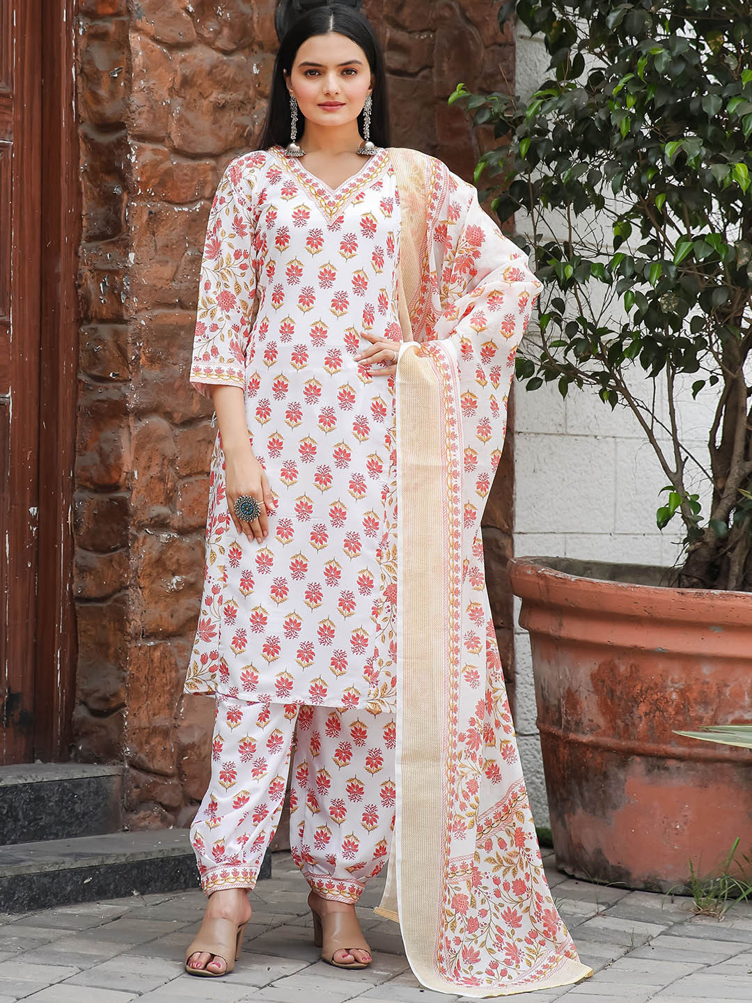 

Shriji fashion Ethnic Motifs Printed Pure Cotton A-Line Kurta with Salwar & Dupatta, White