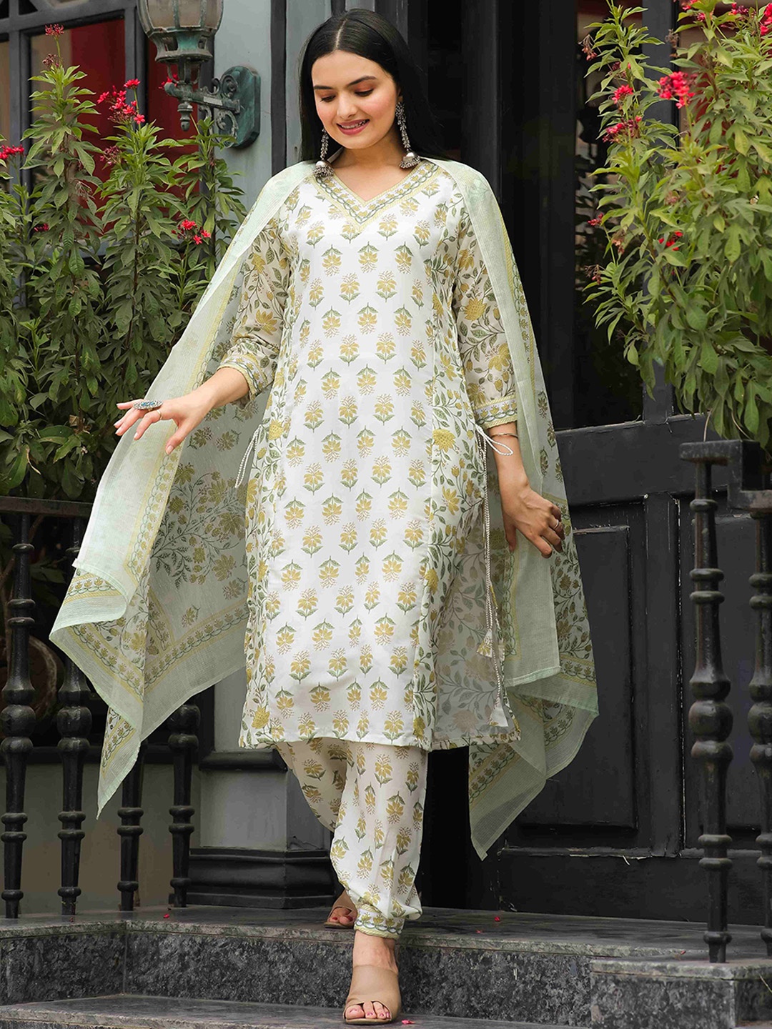 

Shriji fashion Ethnic Motifs Printed Pure Cotton A-Line Kurta with Salwar & Dupatta, White