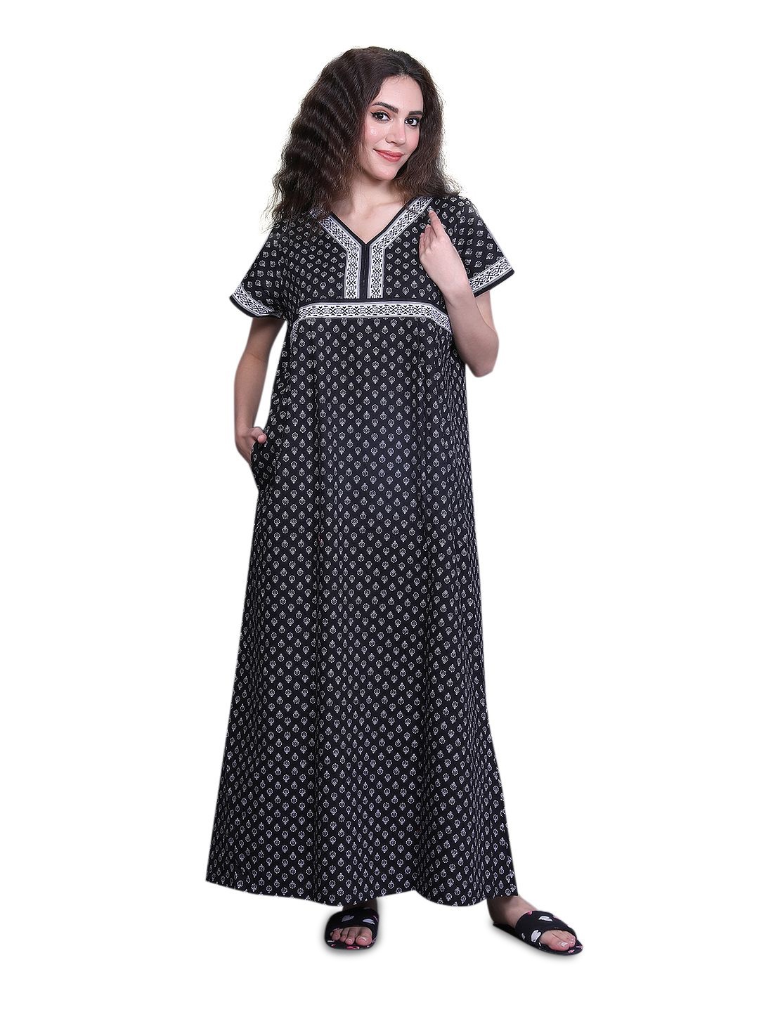

evolove Women Printed Pure Cotton Maxi Nightdress, Black