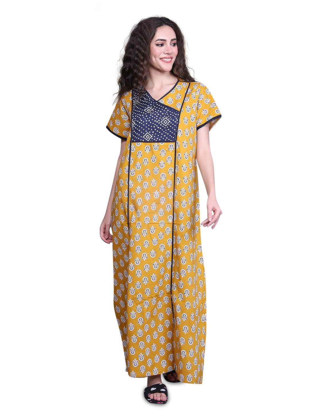 

evolove Women Printed Pure Cotton Maxi Nightdress, Yellow