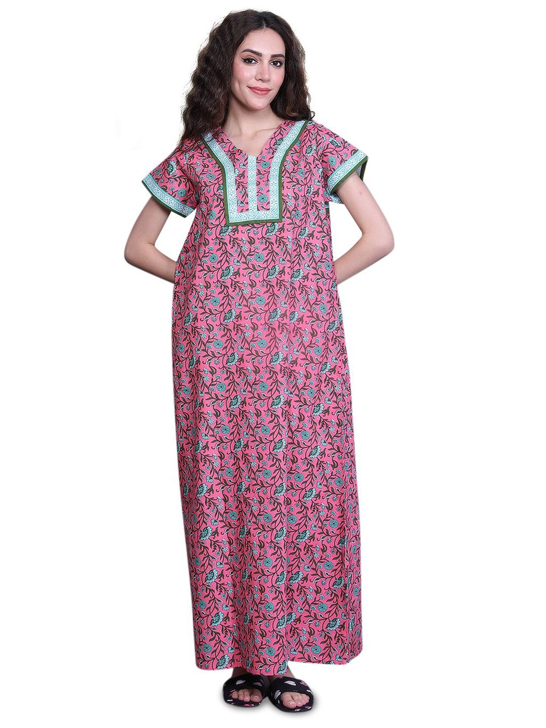

evolove Women Printed Pure Cotton Maxi Nightdress, Pink