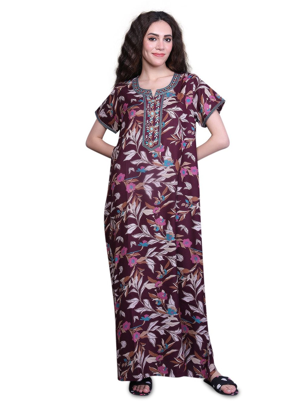 

evolove Women Printed Maxi Nightdress, Maroon