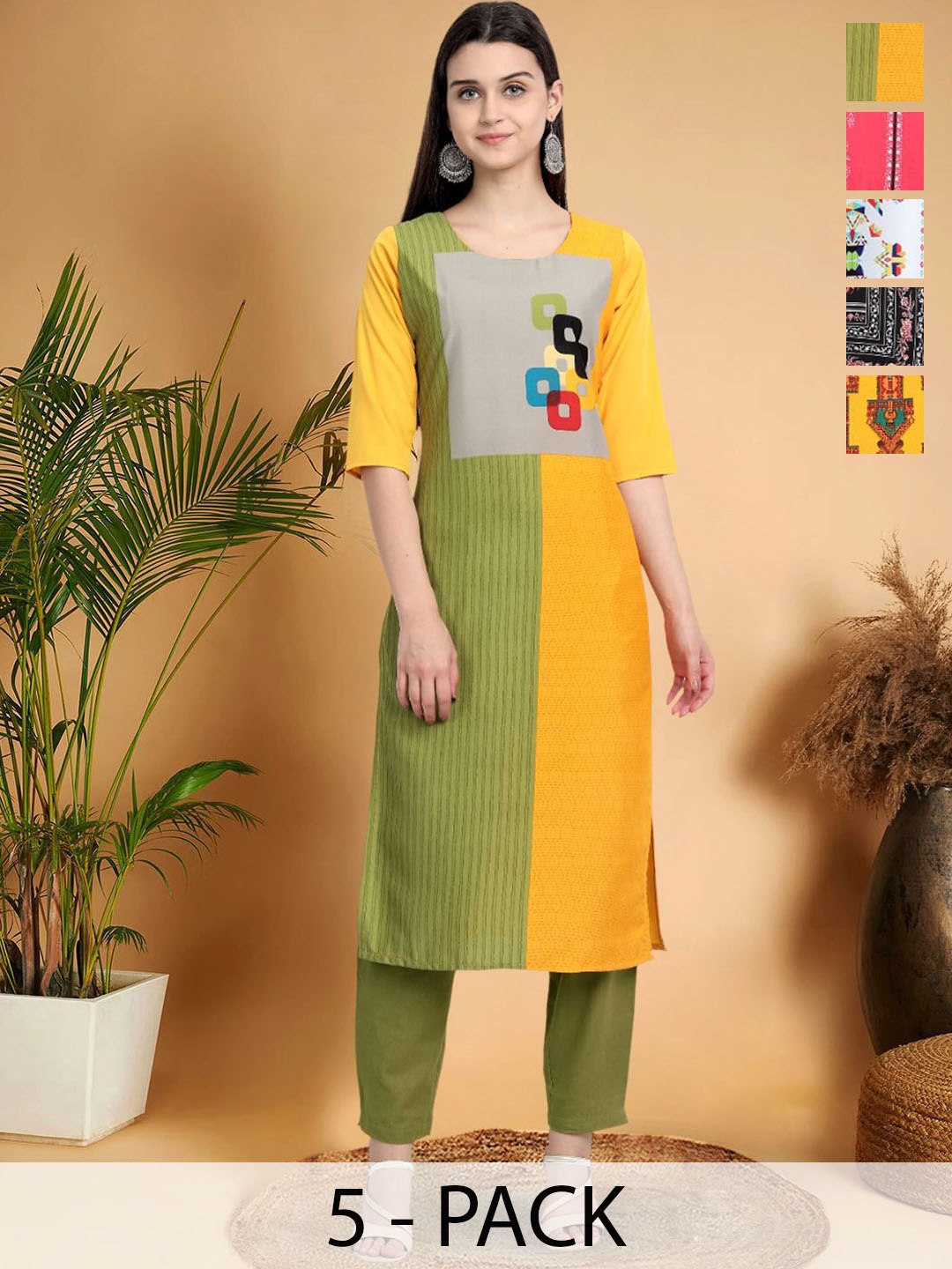 

7Threads Selection Of 5 Colourblocked Printed Straight Kurtas, Green