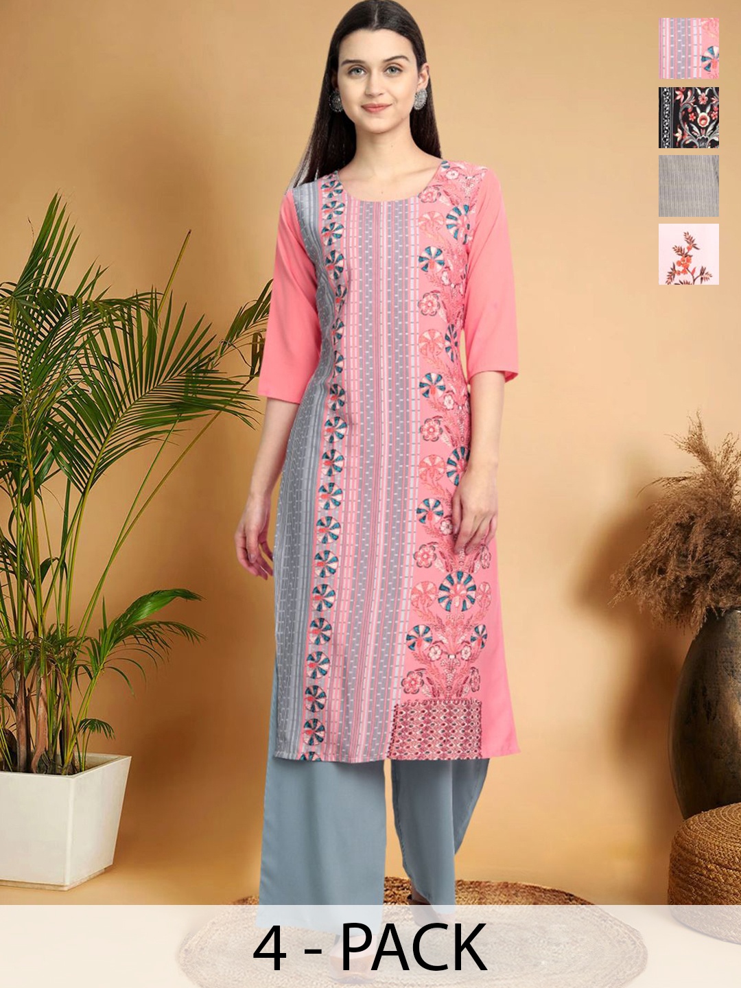 

7Threads Selection Of 5 Ethnic Motifs Printed Straight Kurtas, Pink